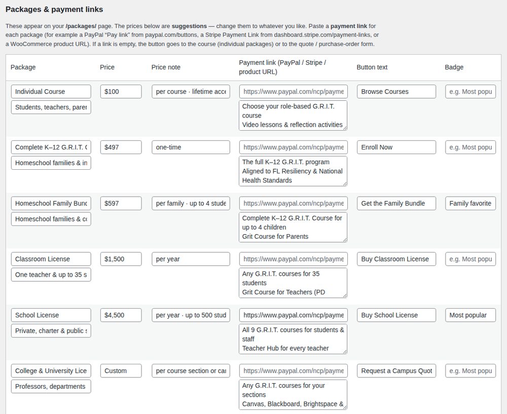 Screenshot: Prices & payment links