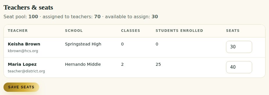 Screenshot: Add teachers and share seats